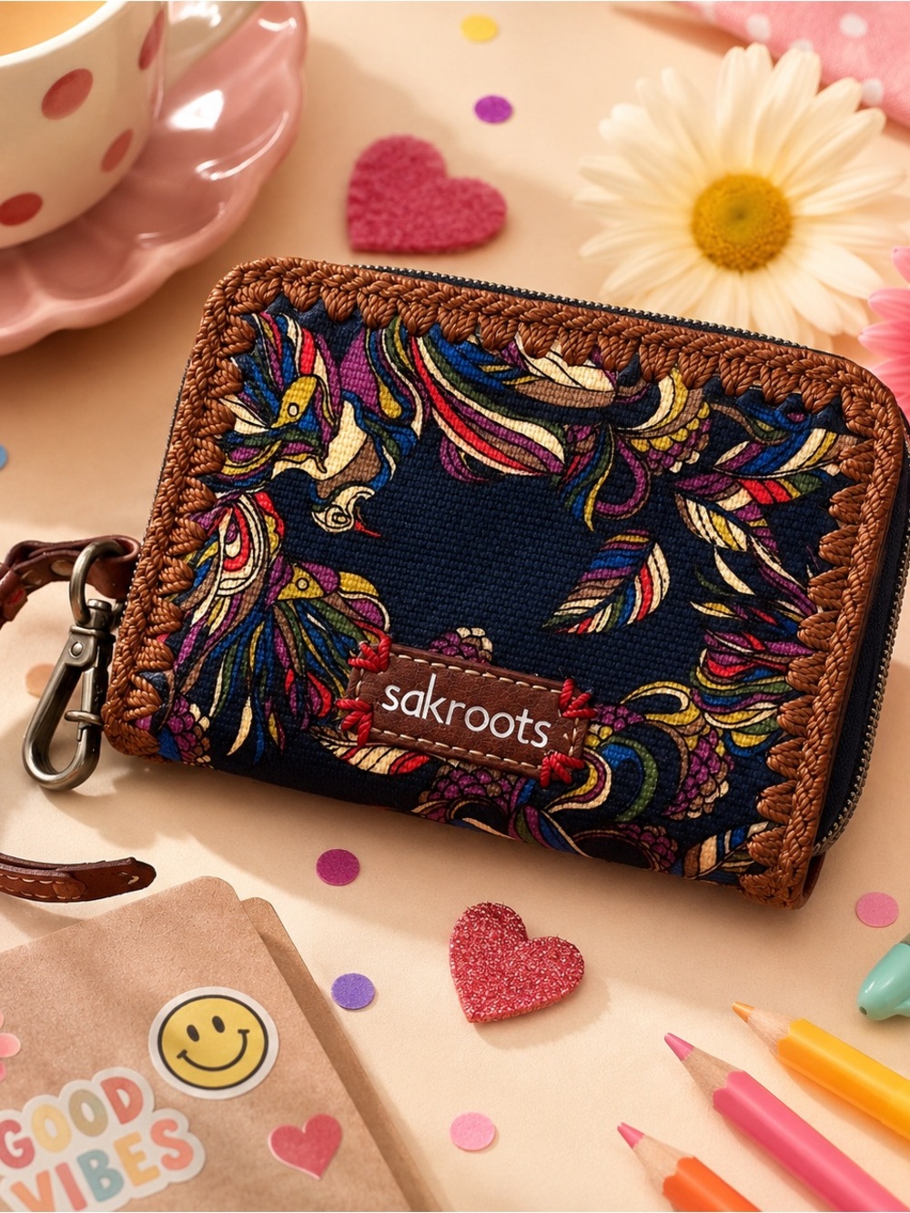 Sakroots Navy Multicolor Floral Crochet-Trim Zip Wallet